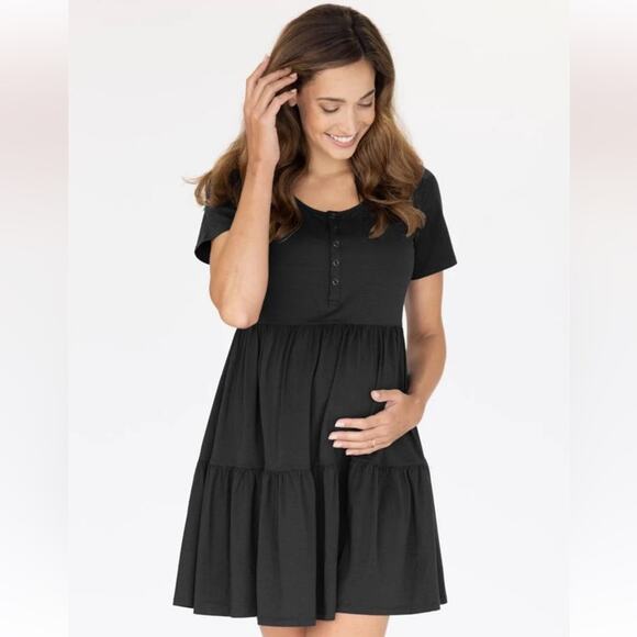 Angel Maternity Tiered Mini Black Maternity Short Sleeve Dress Size Medium - Picture 1 of 11